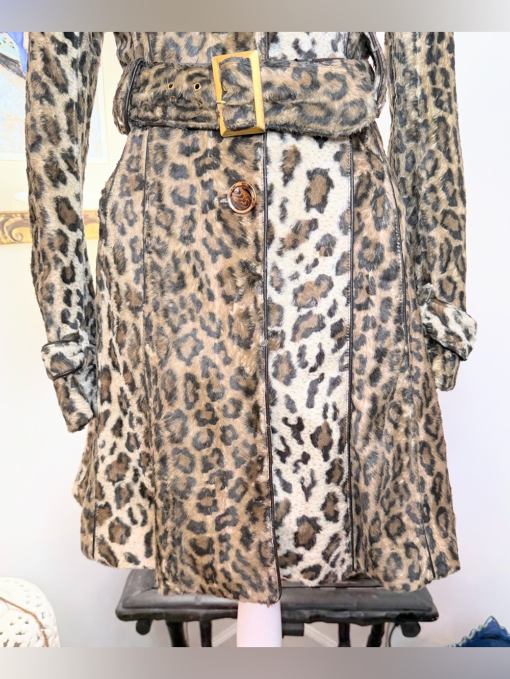 Members Only Leopard Faux Fur Trench Coat Belted XS Mob Wife NWT Flaw - Picture 3 of 13